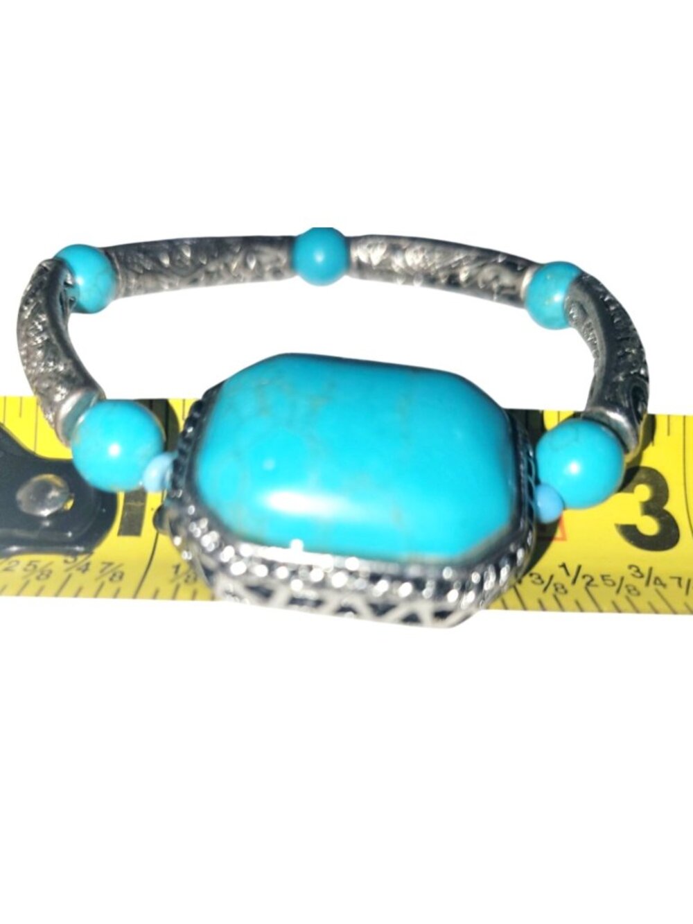 Vintage Turquoise Stone and Chips Silver Tone Fillagree Bracelet - Picture 8 of 9